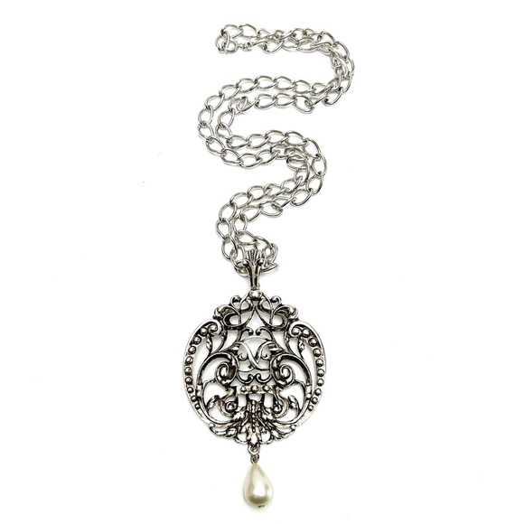 Vintage Avon Silvertone Art Nouveau Scroll Faux Pearl Drop Pendant Necklace - Picture 1 of 7